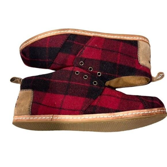 Toms Womens Plaid Felt On Leather Flannel Mid Top Bota Boots Red Black Size 8 - Picture 3 of 8
